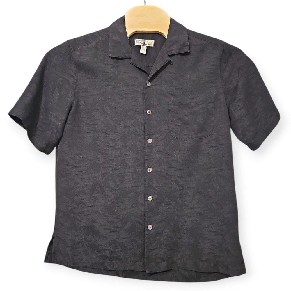 Caribbean Joe Solid Black Jaquard Bamboo Floral Print‎ Tropical Hawaiian Medium - Picture 2 of 7